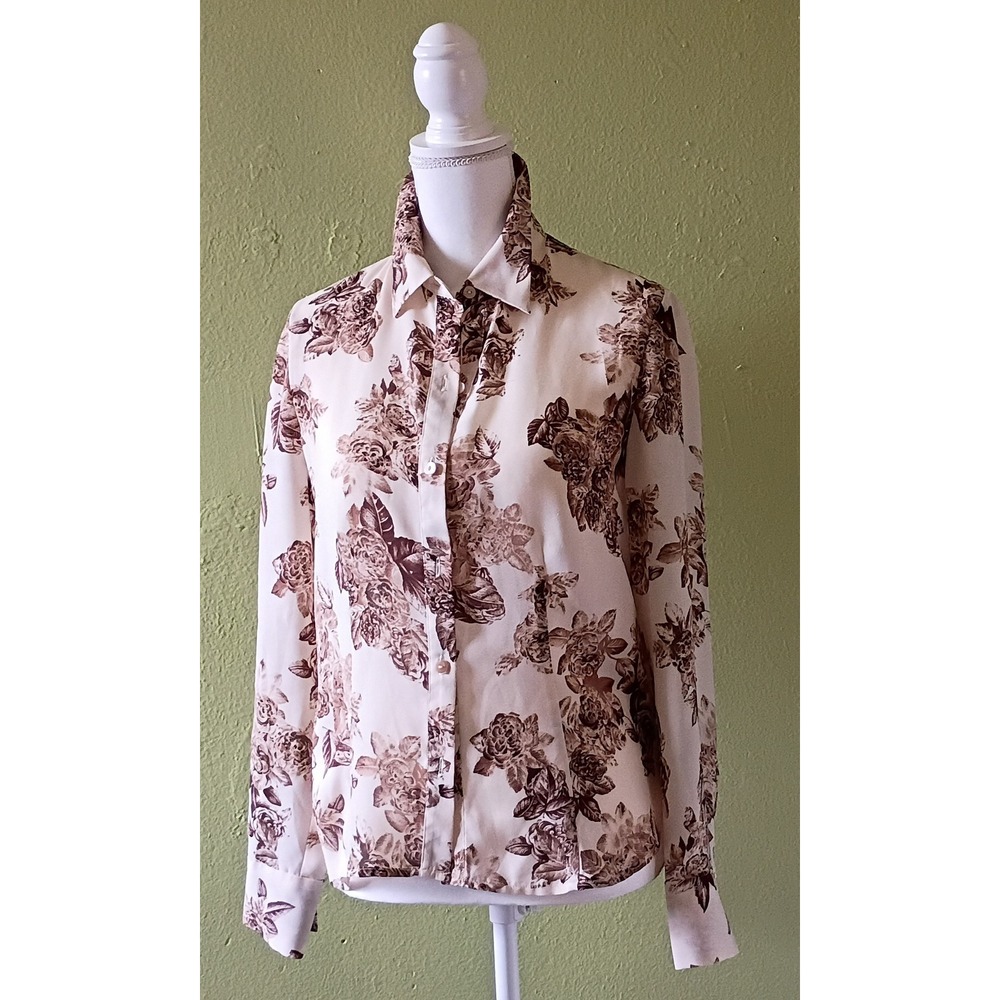 Dark Academia Cottagecore Espresso Brown Floral VTG Blouse Shirt Womens 6 Small